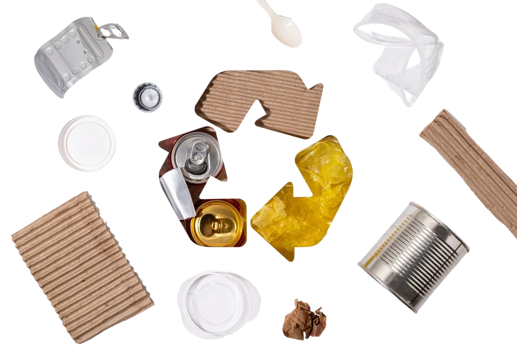 Layout of household items prepared for sorting and responsible recycling.